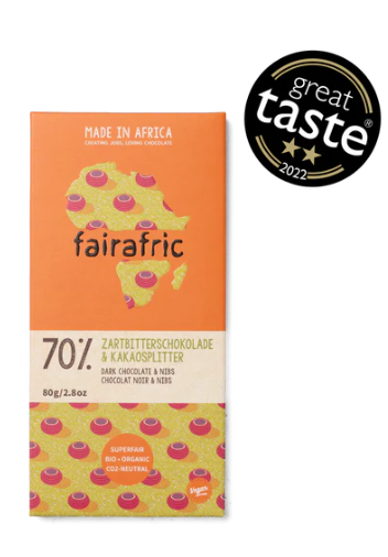 FairAfric 70% Organic Dark Chocolate With Nibs