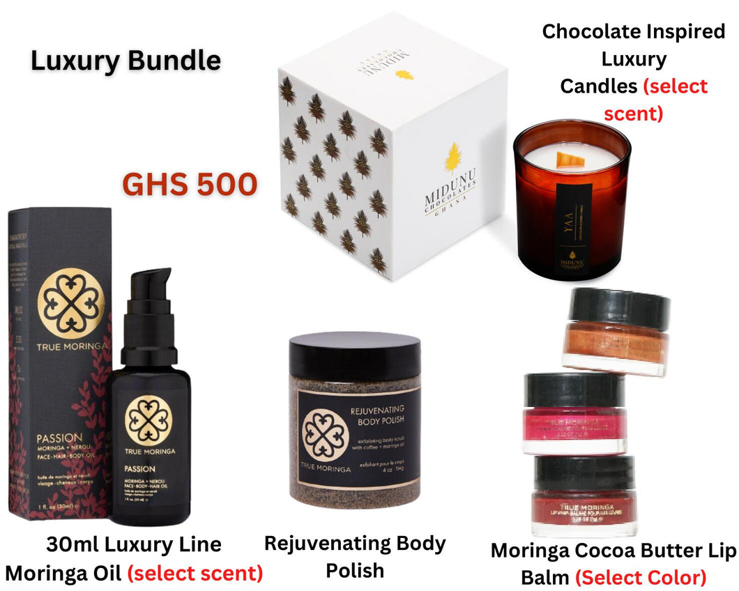 Luxury Gift Set ( Moringa Oil+ Lip Balm+ Luxury Candle+ Body Scrub